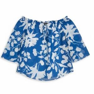 Off Shoulder Blouse Blue White Floral Boho Coquette Peasant Top Medium